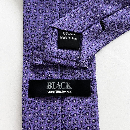 Saks Fifth Avenue Black Label 100% Silk Purple Geometric Designer Luxury Necktie