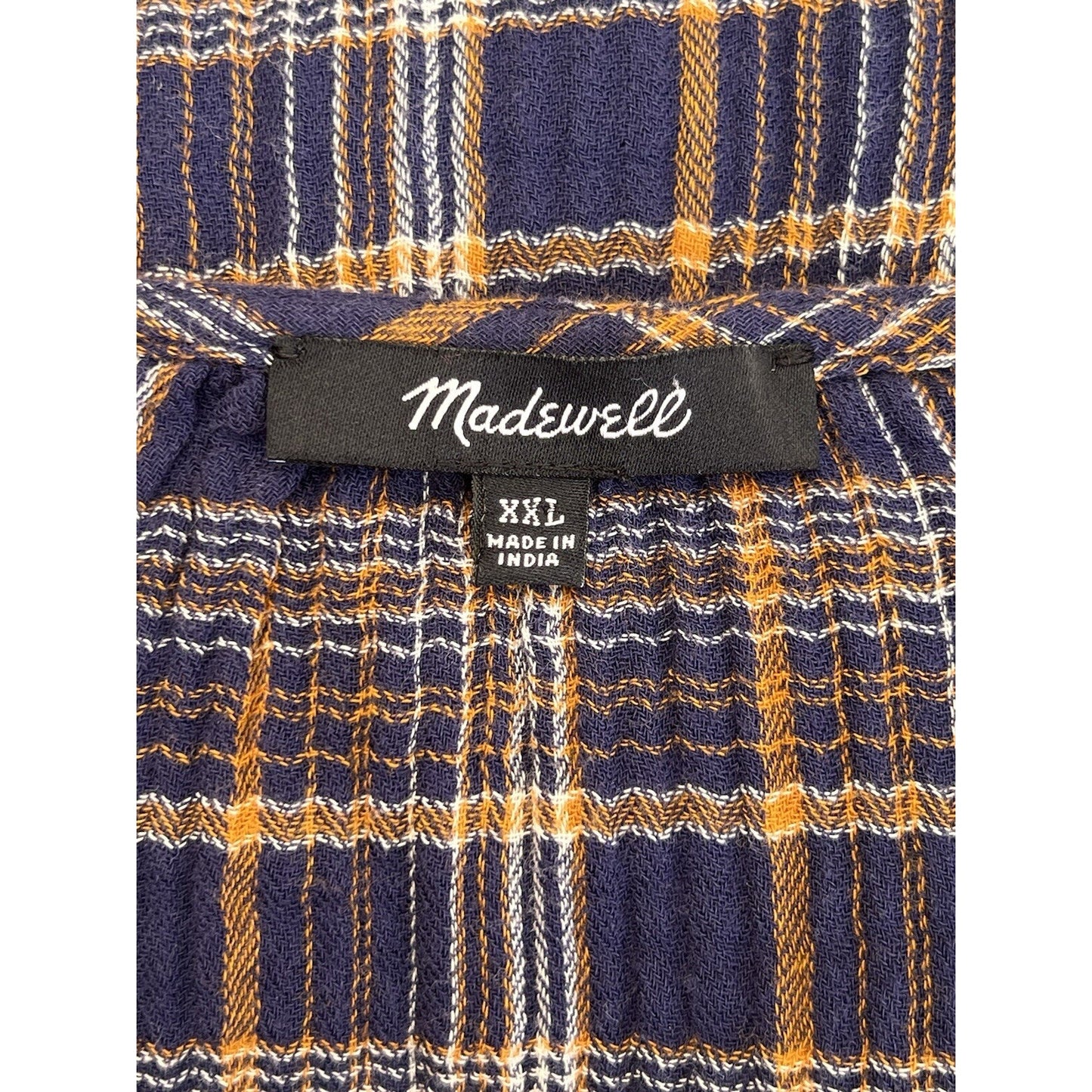 Madewell XXL Plaid V Neck Long Sleeve 100% Cotton Ruffle Blue Brown Top Shirt