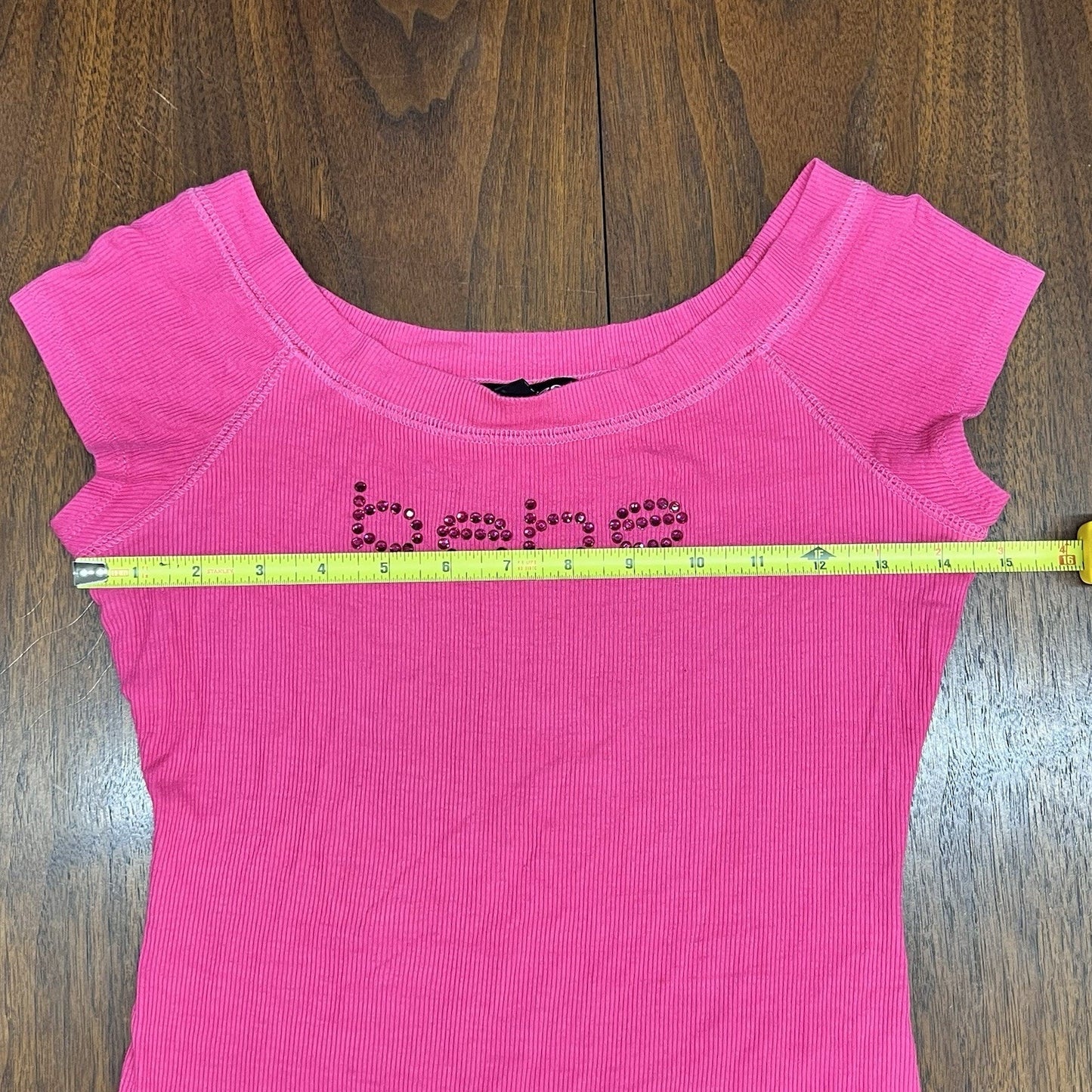 Y2K Bebe Rhinestone Crystals Logo Bling Barbie Pink Ribbed Cap Sleeve Small/Lg