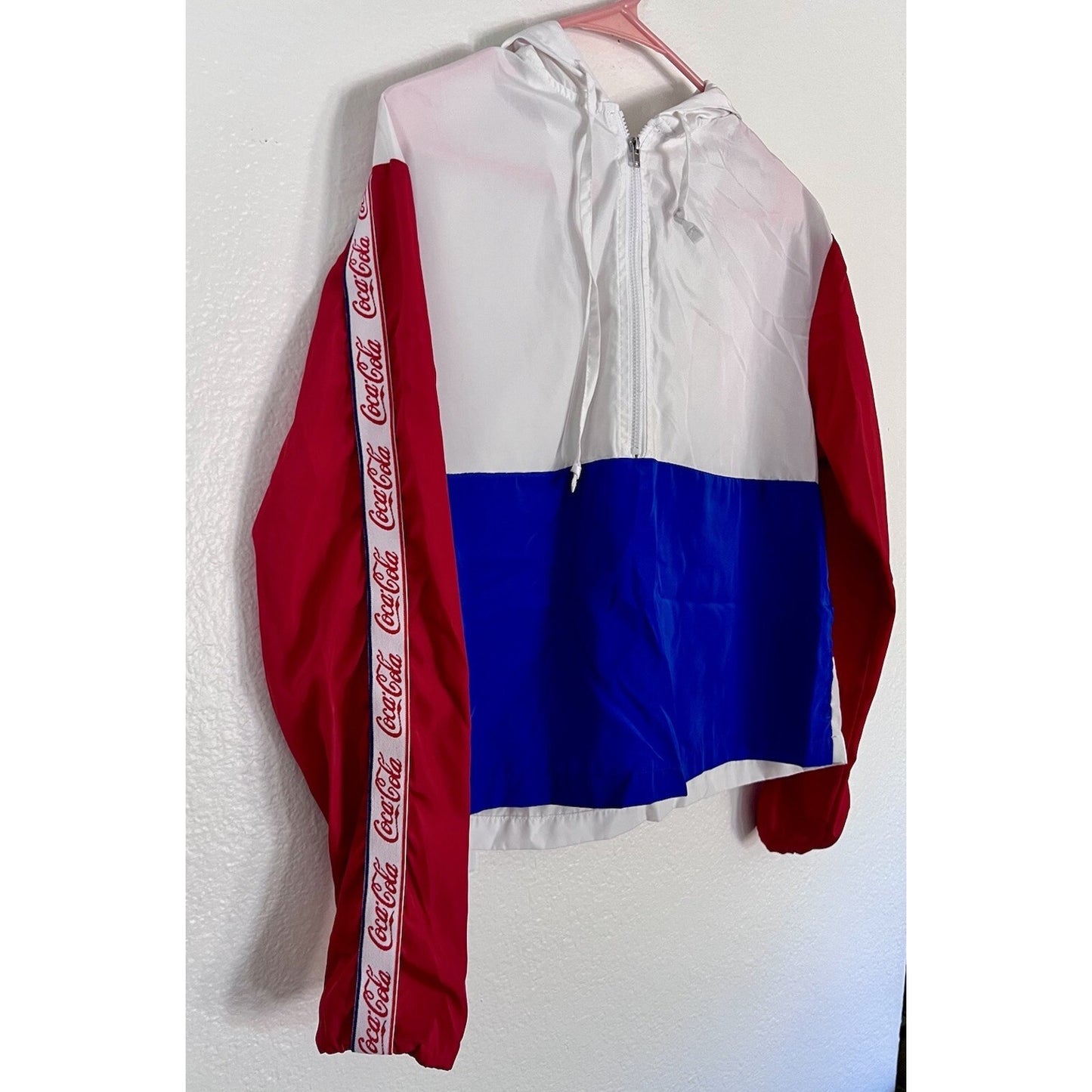 Retro M Coca Cola Windbreaker Jacket Women Hood Half Zip Pullover Light Coke
