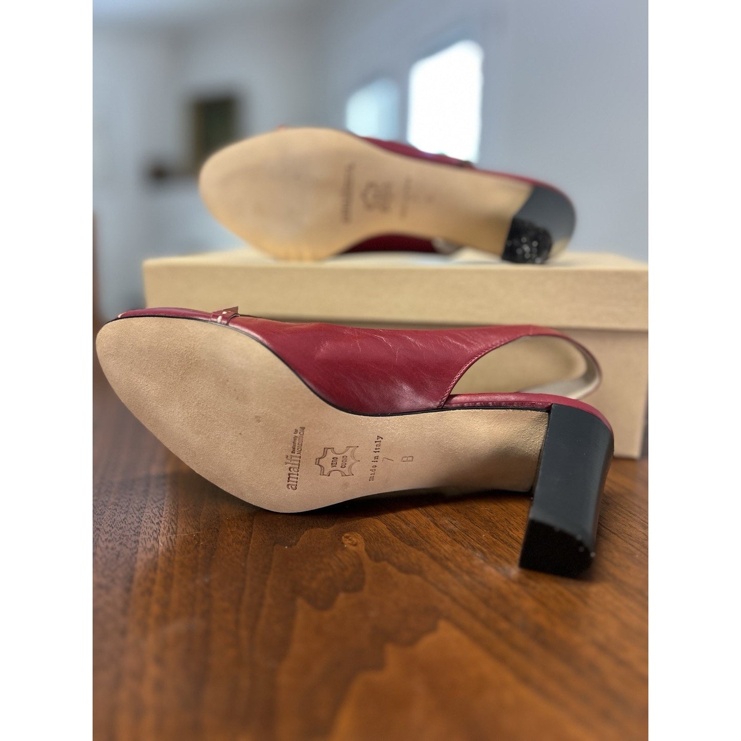 Amalfi Gabby Wine Leather Pump Open Toe Sling Back Bow Women’s Size 7