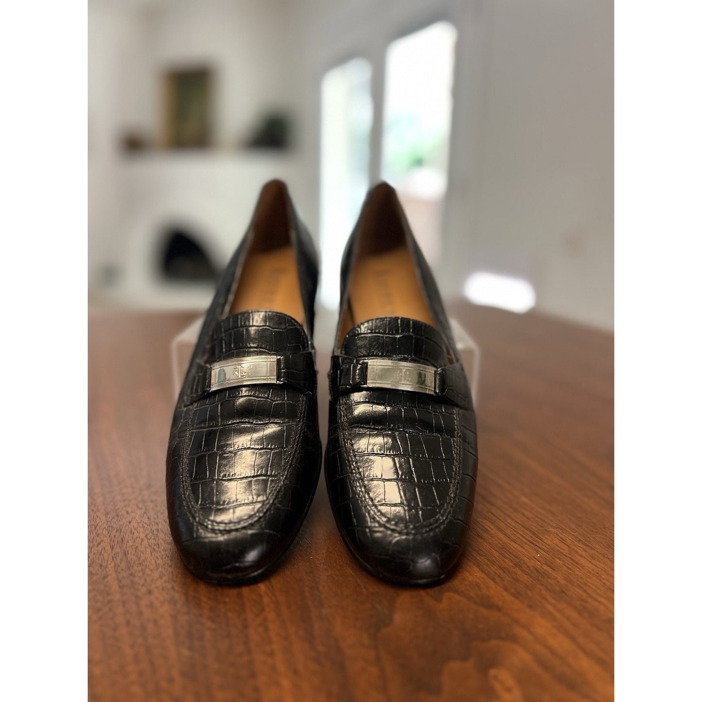 Lauren Ralph Lauren Leather Loafer Black Croc Logo Women's US 8.5 Slip On