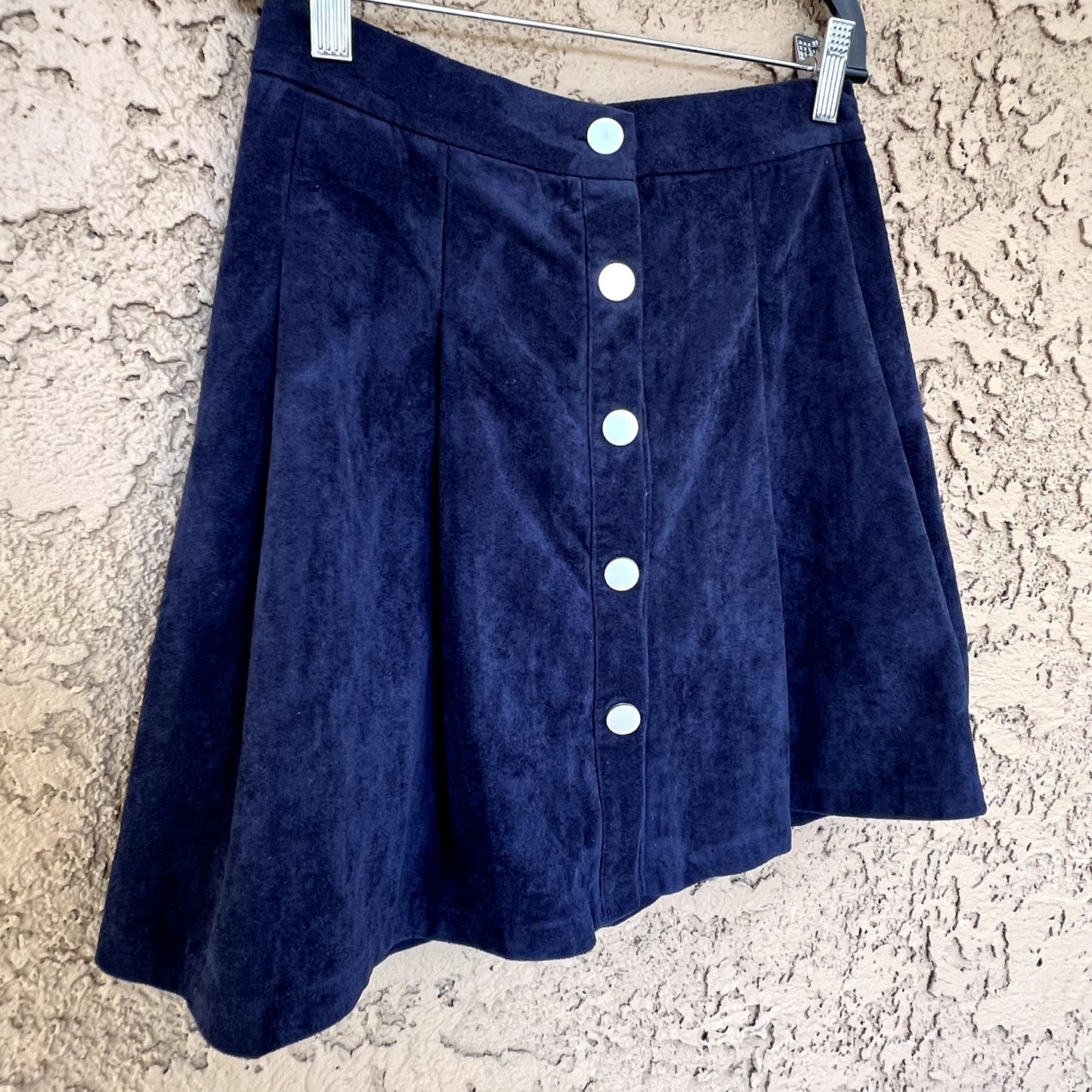 Anthropologie RAGA Small Skirt Blue Faux Suede Retro 70s Pleated Button Down