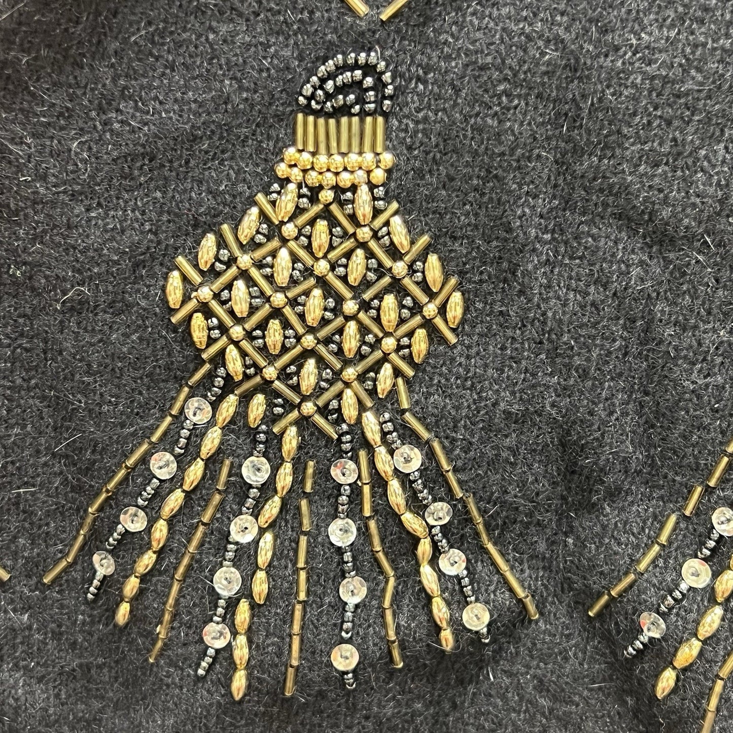 Holiday Sweater (L) Wool Angora Black Gold Beaded Christmas Elegant Classic