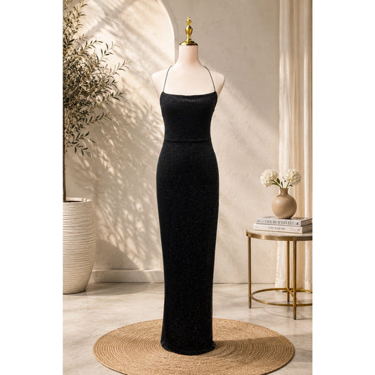 Windsor Black Glitter Maxi Dress (L) Square Neck Lace Up Formal Gown Vamp Prom