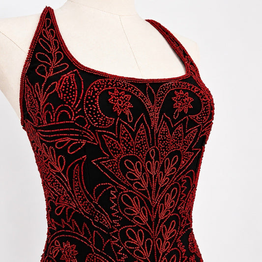XS Cache Silk Black Red Beaded Dress Vamp Y2K Dramatic Goth Witchy Glam Luxe 90s