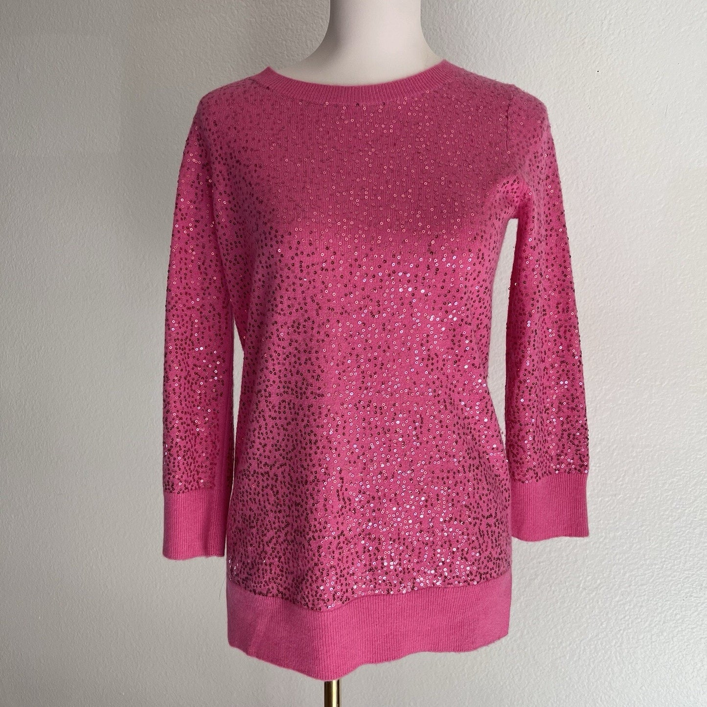 100% Cashmere XS Neiman Marcus Pink Sequin Long Sleeve Sweater Designer Classy