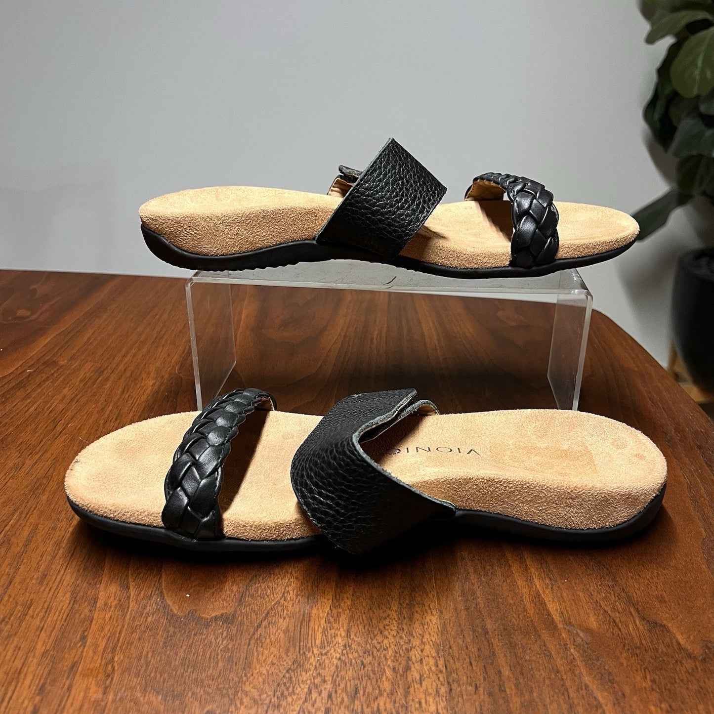 Vionic Jeanne 10 Leather Sandal Black Braided Slide Orthotic Adjustable Arch