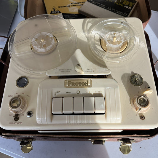 1955 WORKING Proton Magnetofon Modell 91 Norwegian Reel-to-Reel w/ Case & More