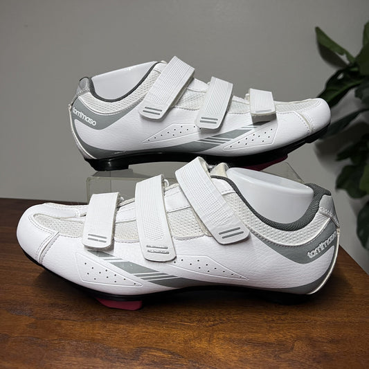 TOMMASO Womens (10.5) White Pista 100 Spin 3 Strap Indoor Cycling Shoe w/ Clips