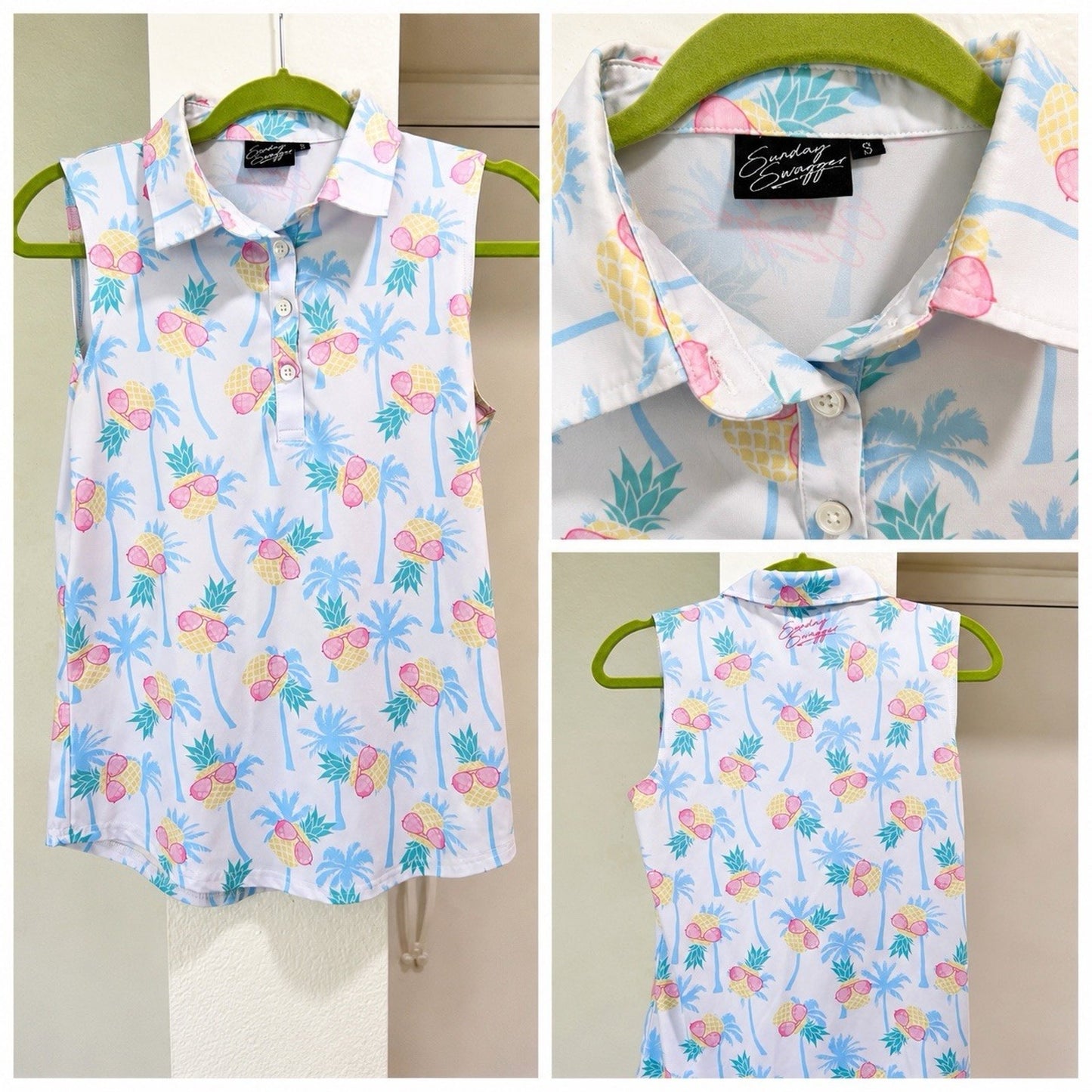 Sunday Swagger Women (S) Sleeveless Polo Shady Pineapple Novelty Funny UPF Golf