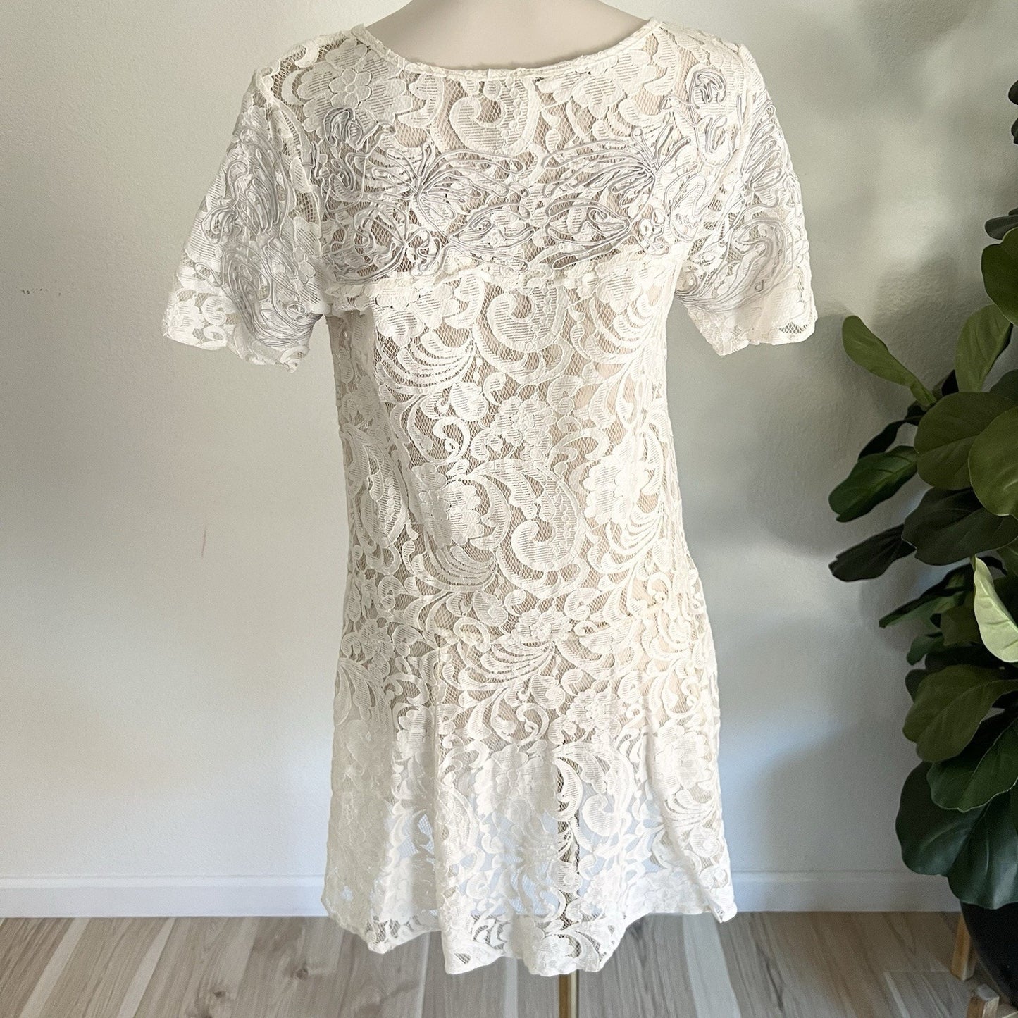 Free People (M) Doily Lace Mini Dress Coquette Romantic Cover Up Boho Ivory