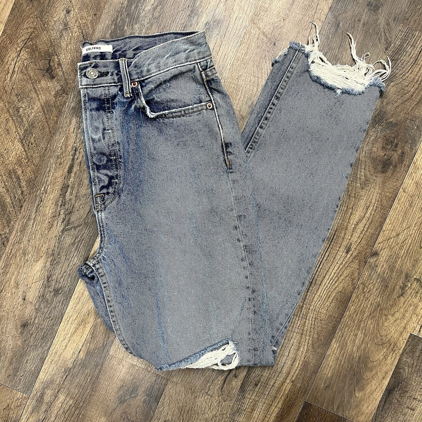 GRLFRND SHR Karolina Sz 26 Super High Rise Distressed Raw Hem Fringe Button Fly