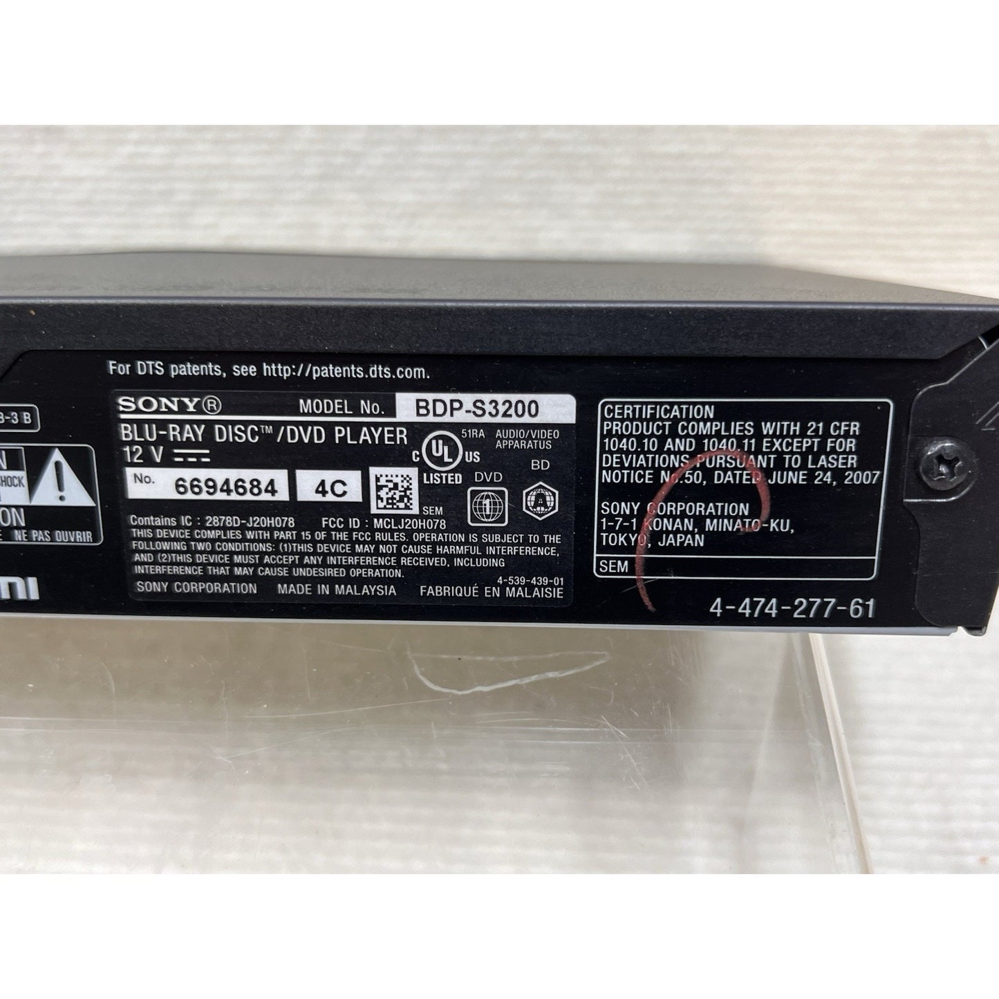 Sony BDP-S3200 Smart 1080p Blu-Ray DVD Player WiFi Streamer w/ Power No Remote