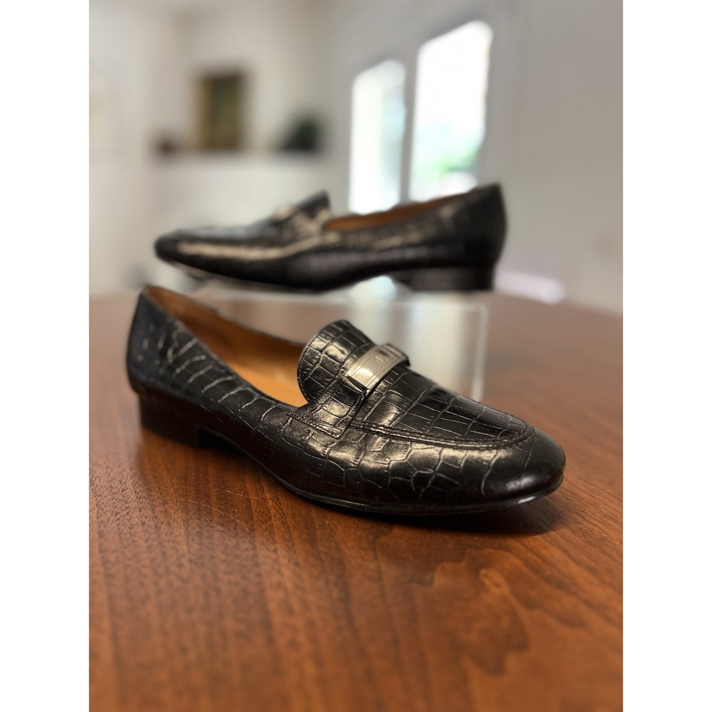 Lauren Ralph Lauren Leather Loafer Black Croc Logo Women's US 8.5 Slip On