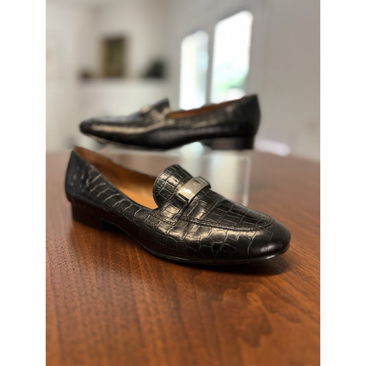 Lauren Ralph Lauren Leather Loafer Black Croc Logo Women's US 8.5 Slip On