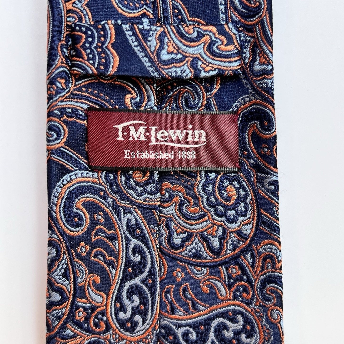 T.M. LEWIN Long Men's 100% Silk Necktie 63.5" Designer Blue Orange Paisley