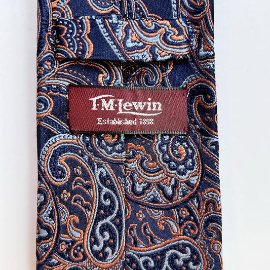 T.M. LEWIN Long Men's 100% Silk Necktie 63.5" Designer Blue Orange Paisley