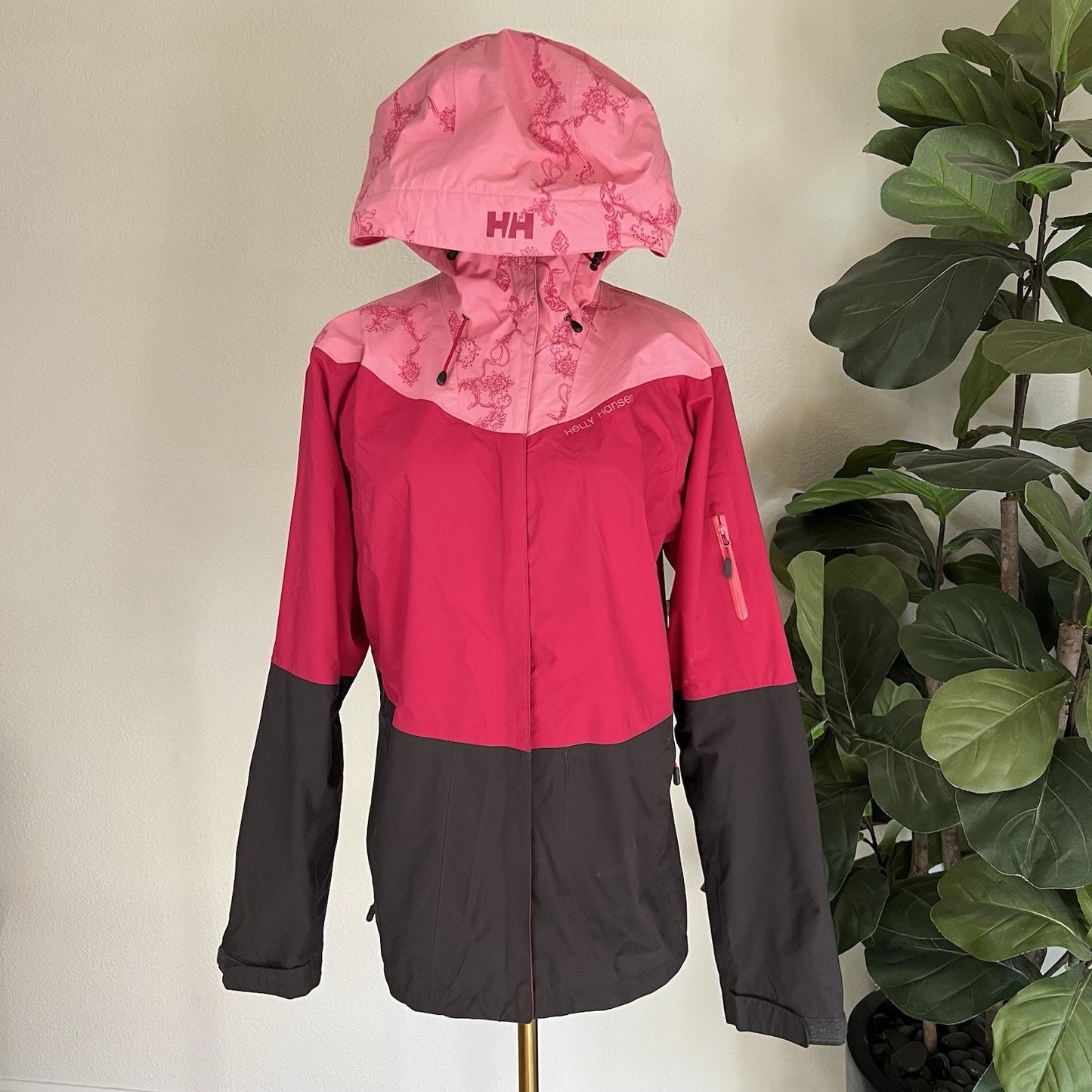 Helly Hansen Vancouver Rain Jacket (L) Women Coat Hooded Pink Colorblock Retro