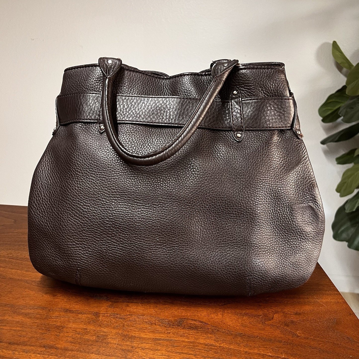 $400 Cole Haan Belted Brown Pebbled Leather Tote Satchel Shoulder Bag Purse