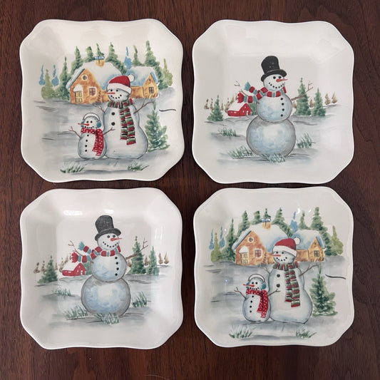 4 x Maxcera Plates NEW Snowman Dessert Appetizer 5x5” Square Holiday Christmas