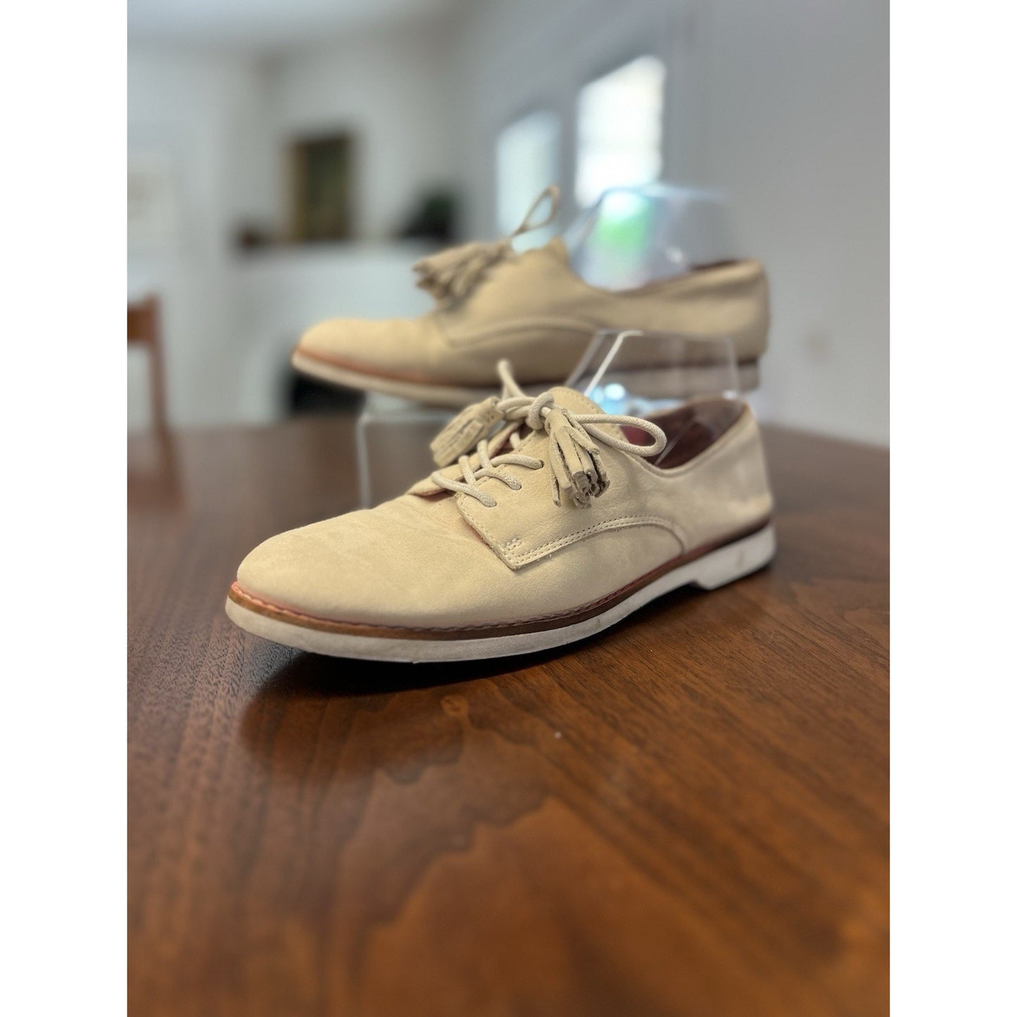 Coach Zinnia Nubuck Leather Tassel Loafer Oxford Flat Shoe Light Sand, size 7.5