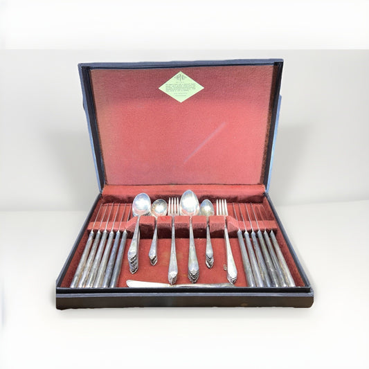 Vintage Rogers XII Flatware 61 Piece Set In TARNDT Chemically Treated Wood Box