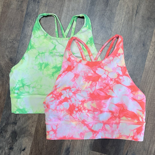 Pair of Lululemon Longline High Neck Energy Sports Bra Sz 8 Neon Tie Dye