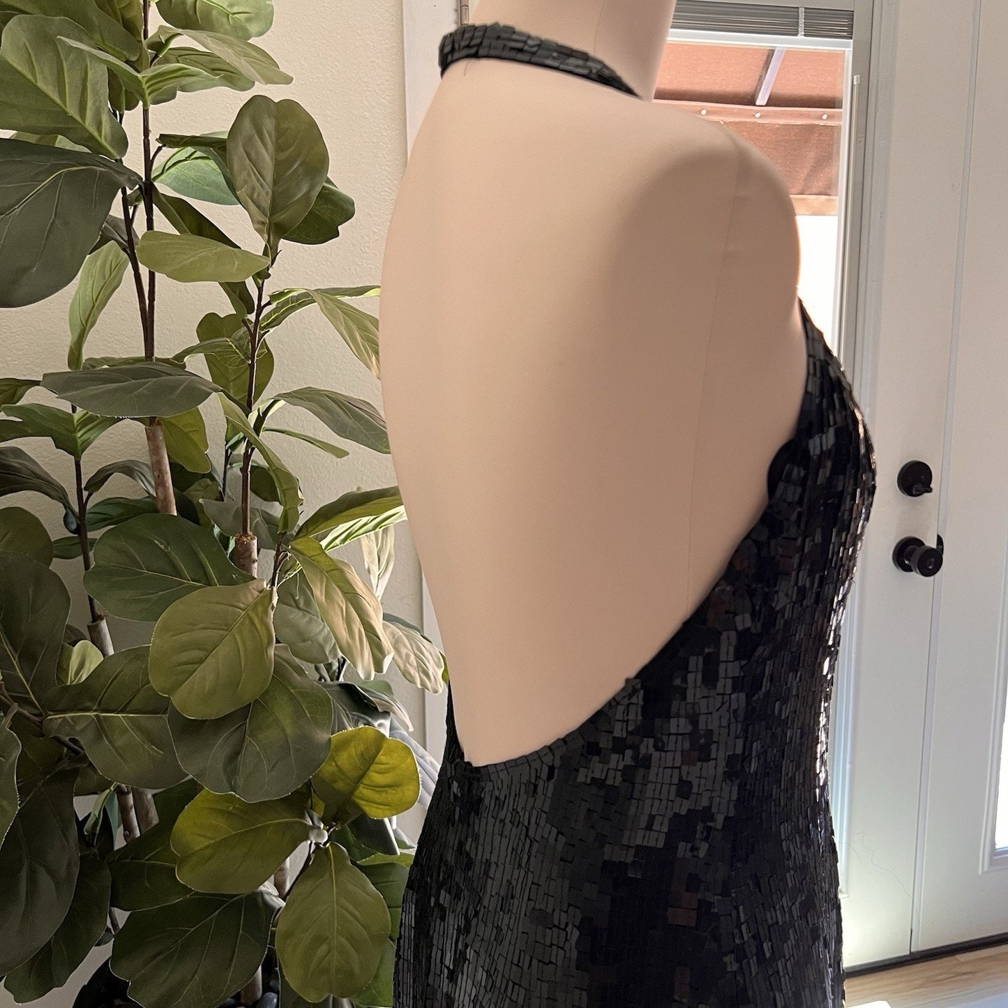 Vintage Basix II Silk Sequin Halter Evening Gown Cocktail Backless Prom Dress