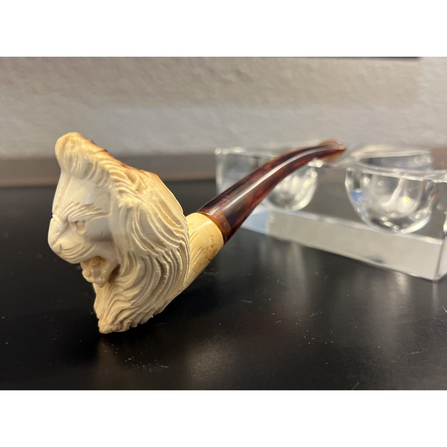 Vintage Meerschaum Hand Carved Lion Figurine Bent Billiard Estate Tobacco Pipe