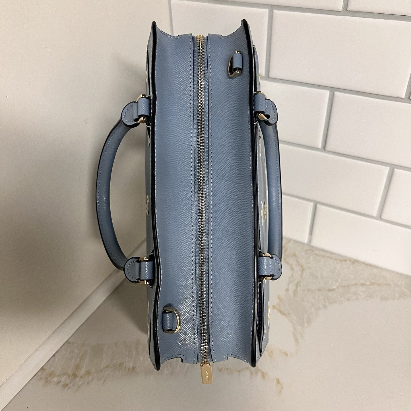 Kate Spade Madison Medium Crossbody Satchel Embroidered Floral Blue Leather