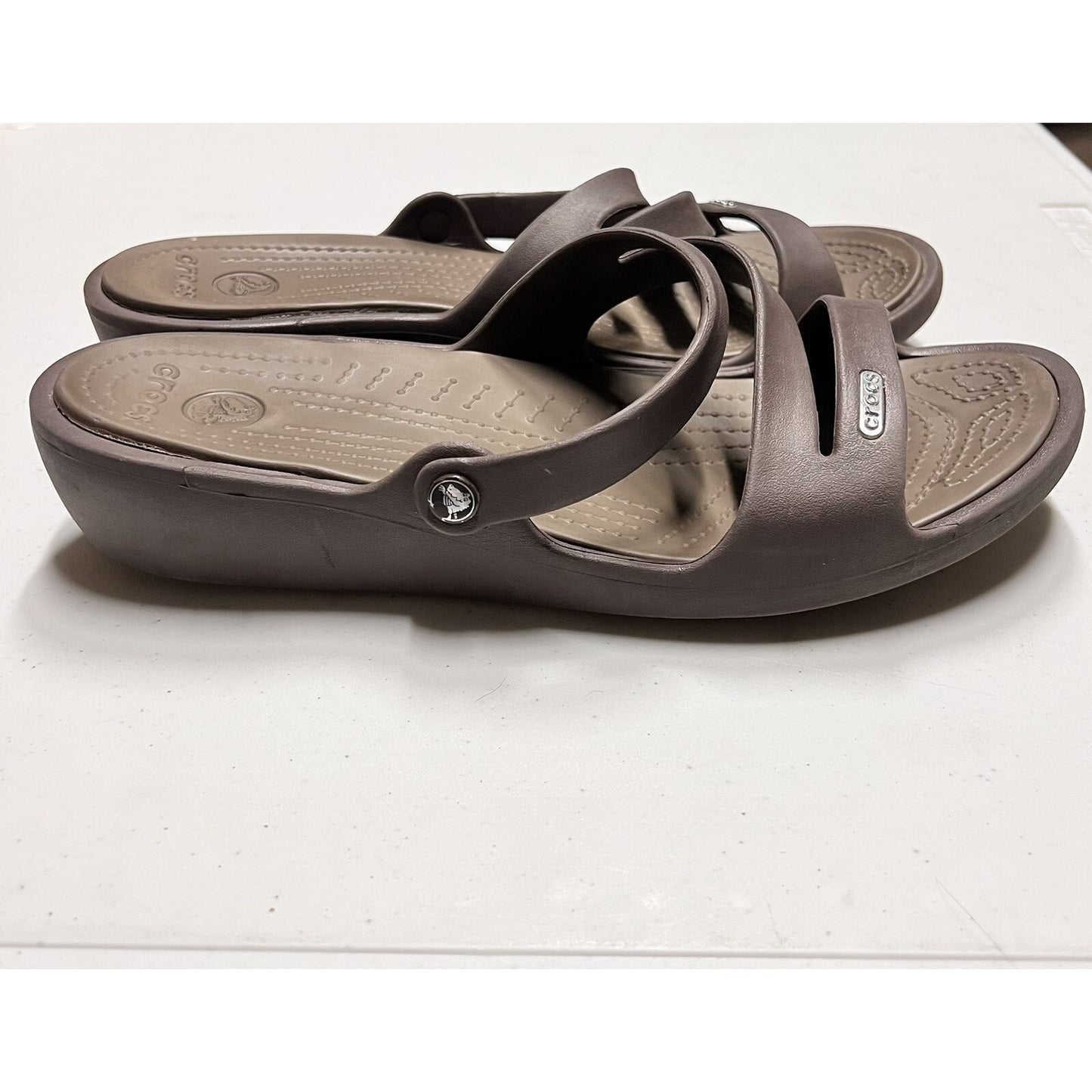 Crocs Patricia Women 10W Wedge Sandal Brown Rubber Slide Slip On Comfort Strappy