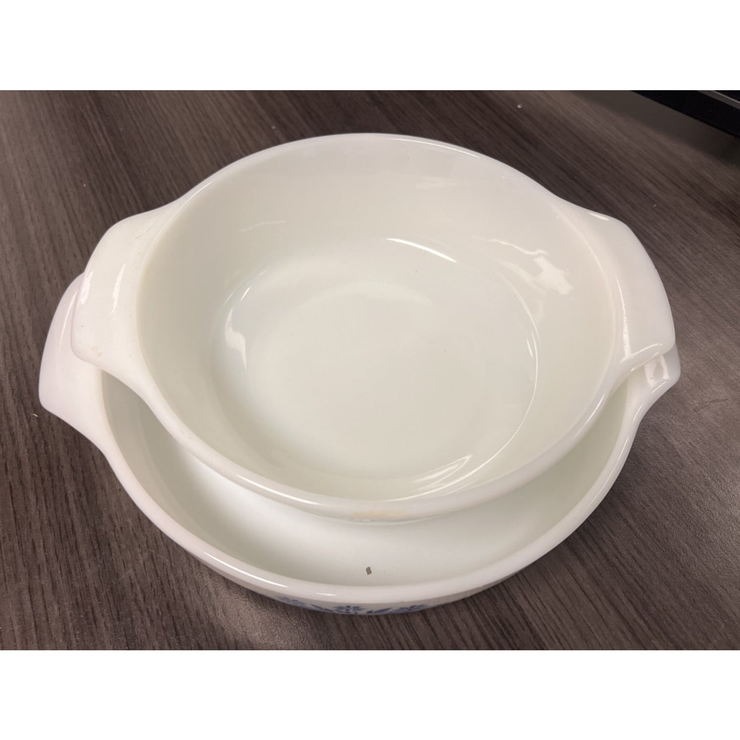 Vtg Anchor Hocking Fire King 2pc Round Blue Cornflower Milk Glass Casserole Dish