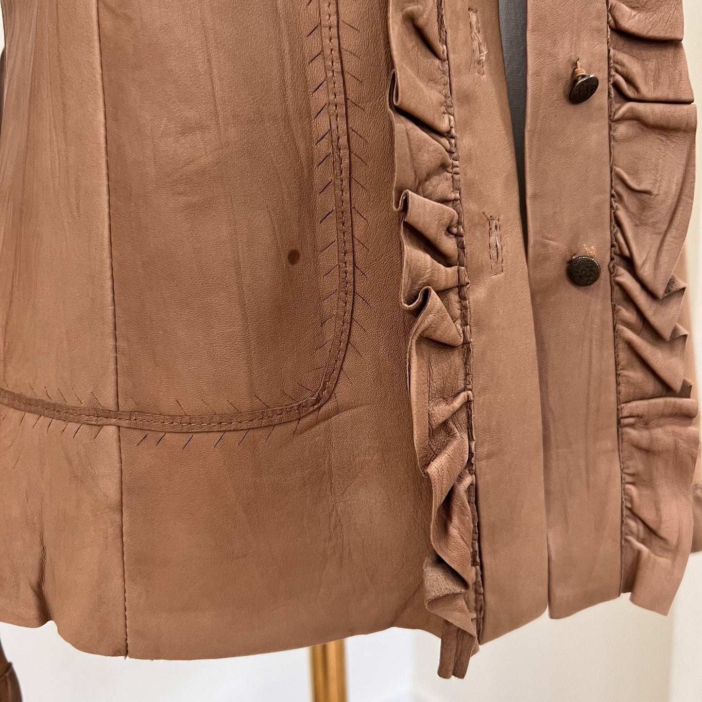 Vintage Cache Lambs Leather Jacket (M) Ruffle Feminine Western Romantic Brown