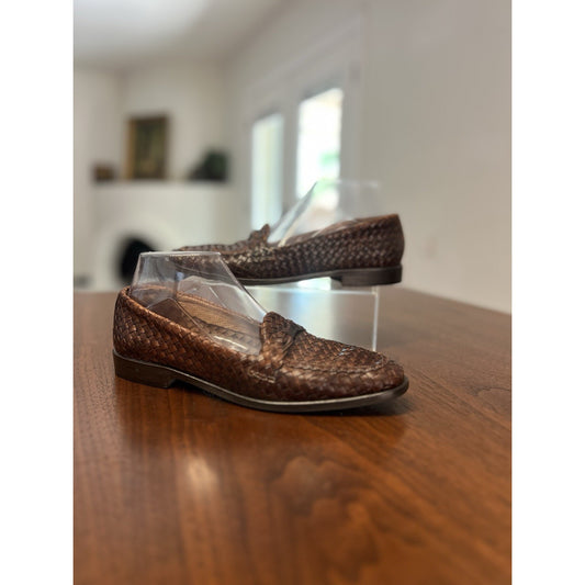 Vintage Sesto Meucci Brown Leather Woven Loafers Made in Florence Italy Sz. 7.5M