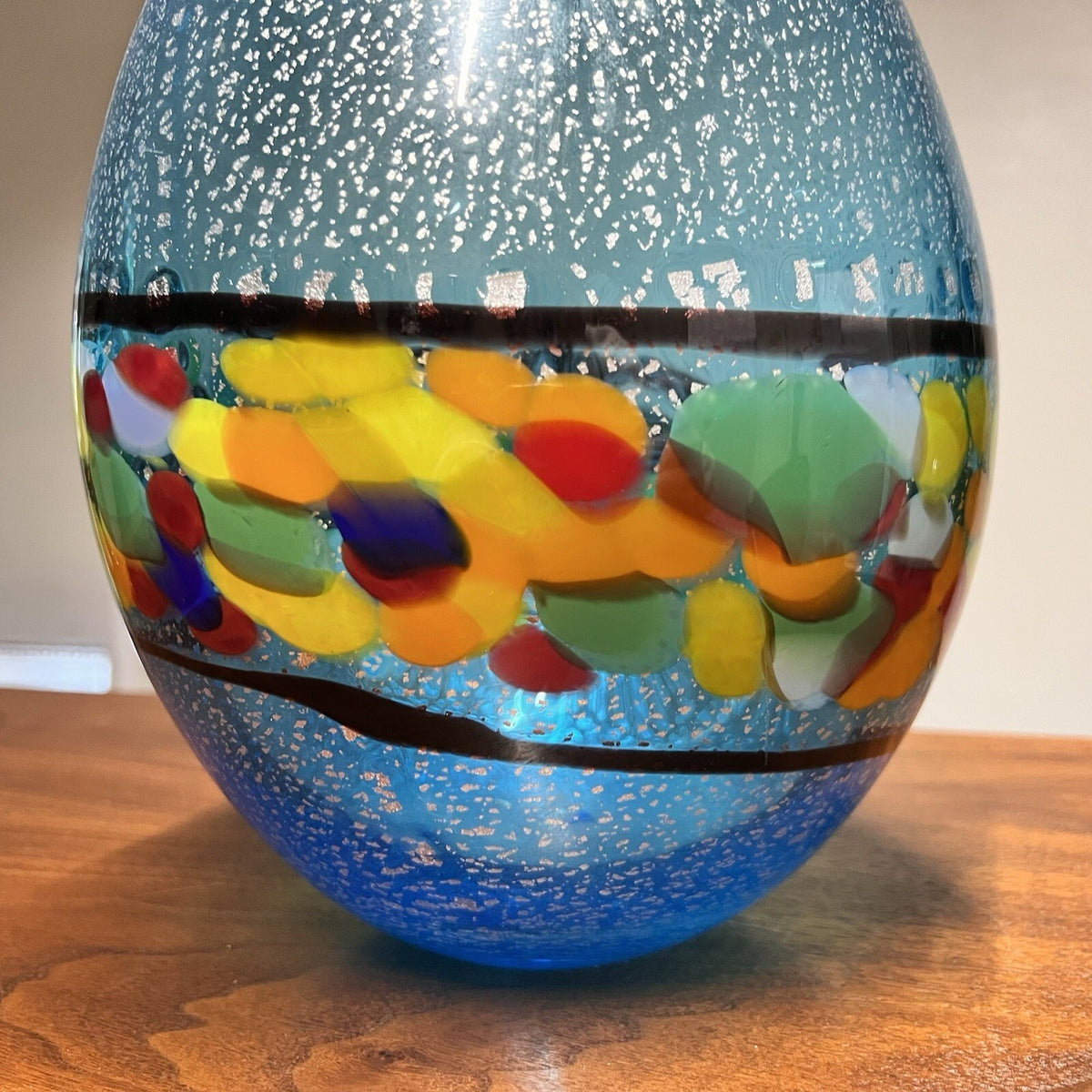 Authentic Murano Vase 13” Blue Incalmo Murrine Silver Sommerso Aventurina Label