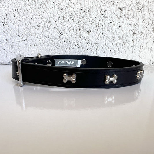 NWOT Top Paw (M) Bone Studded Black Leather Puppy Dog Collar 14-18” Unisex