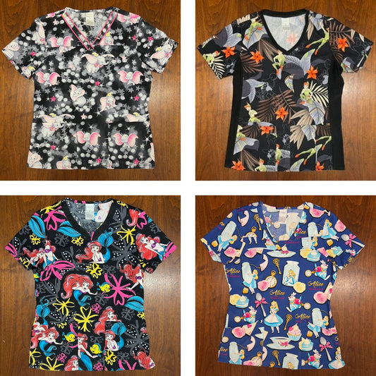 Lot of 4 Disney Scrub Tops Dumbo Little Mermaid Alice in Wonderland Peter Pan
