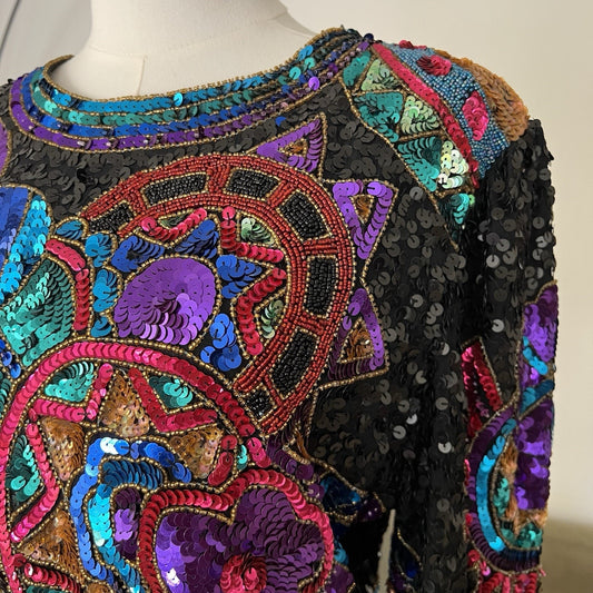 Laurence Kazar Top (L) 80s Glam Sequin Beaded Maximalist Statement Bold Party
