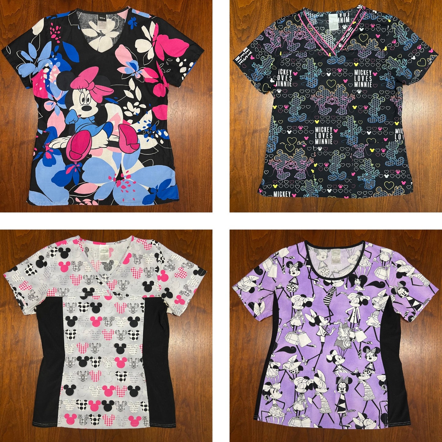 Lot of 4 Disney Scrub Tops Mickey Minnie Mouse Tooniforms Cherokee (S) AOP