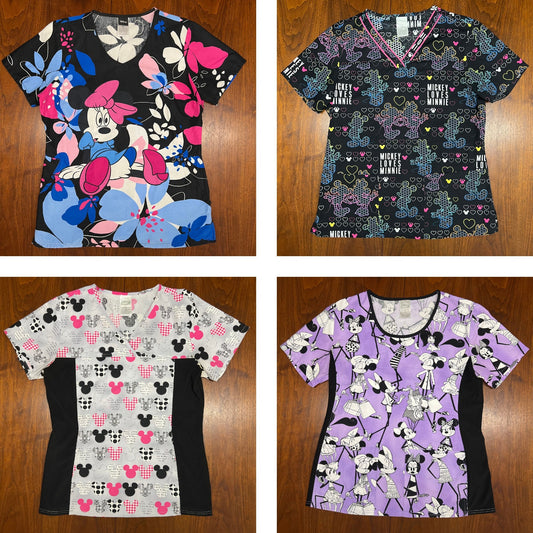 Lot of 4 Disney Scrub Tops Mickey Minnie Mouse Tooniforms Cherokee (S) AOP