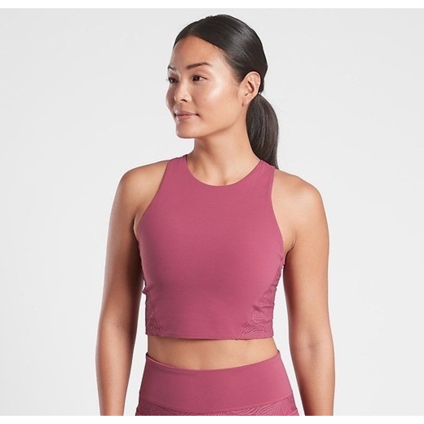 Athleta XL Conscious Lace Crop Top Shelf Bra Pink High Neck Low Impact Support