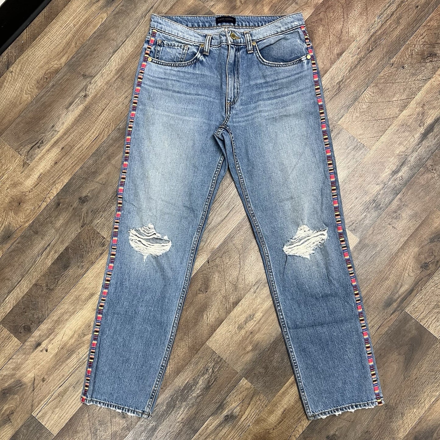 Ramy Brook Sz 26 Rosie Boyfriend Cropped Jean Mid-Rise Distressed Aztec Festival