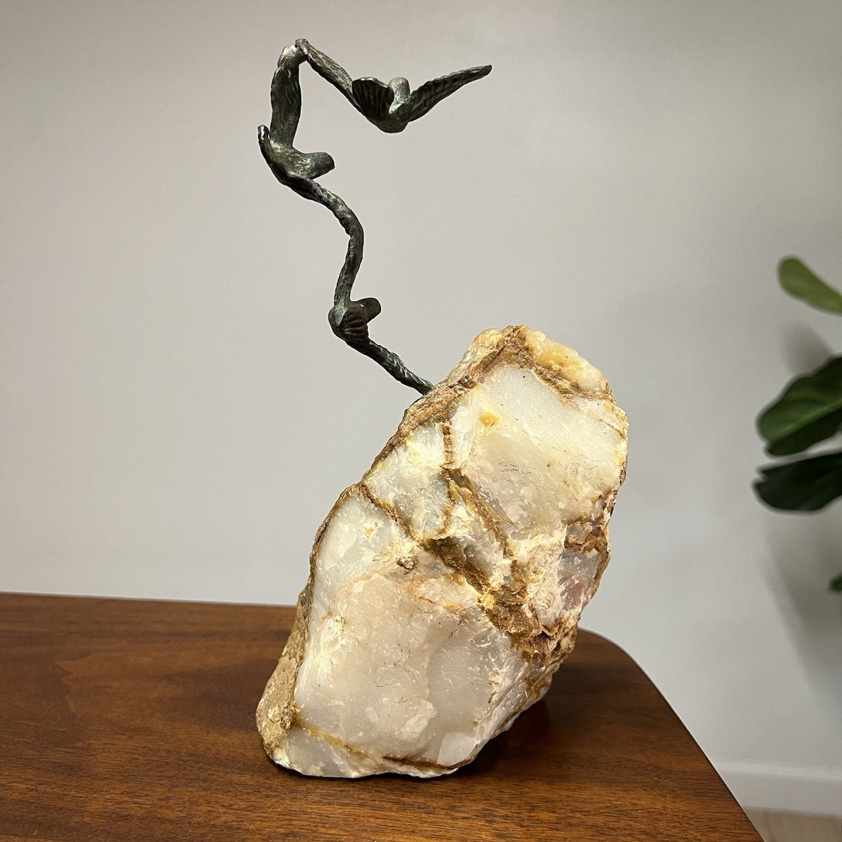 Signed Sculpture Birds In Flight Bronze And Quartz