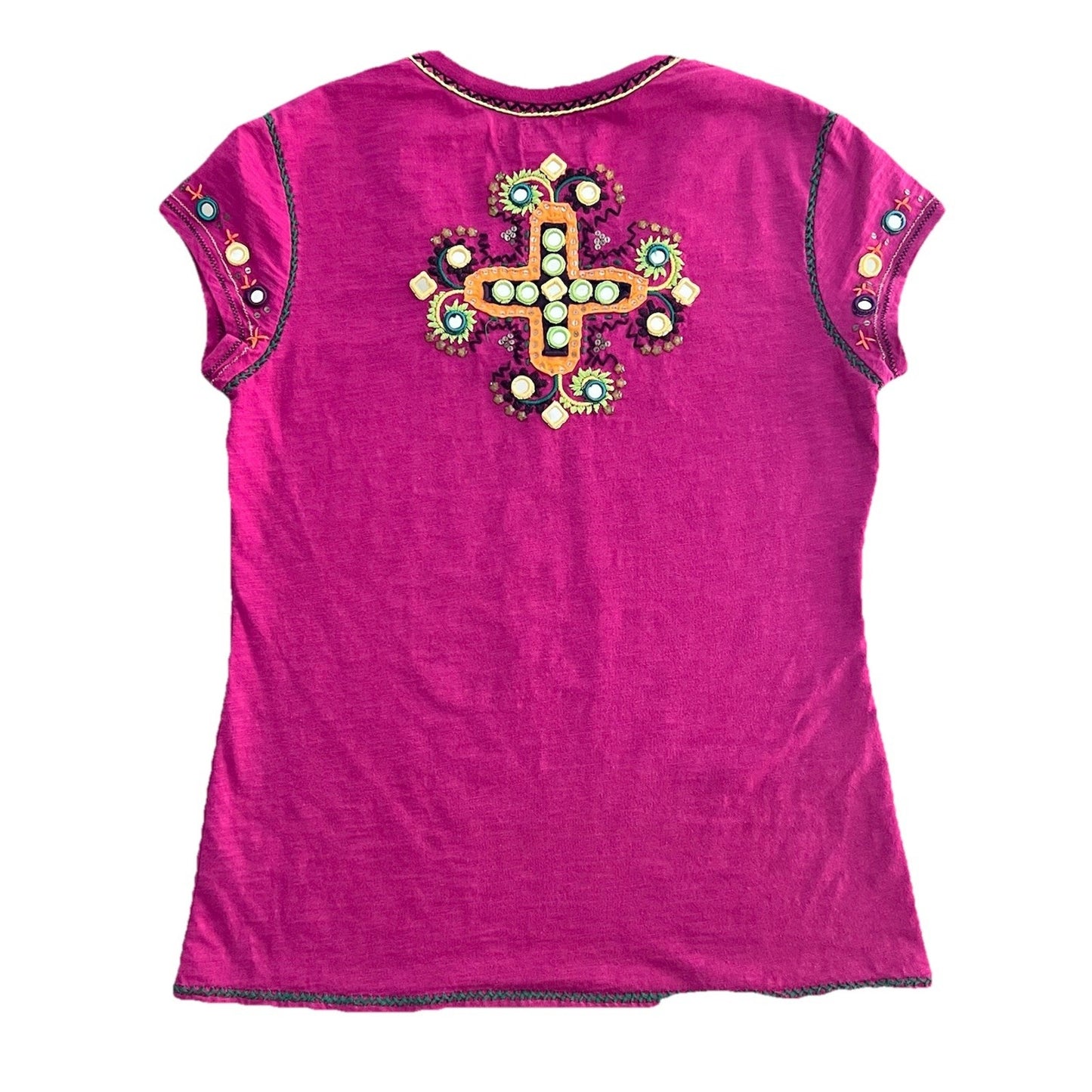 Double D Ranch (L) Purple Embroidered Bling Cross Short Sleeve Shirt Western
