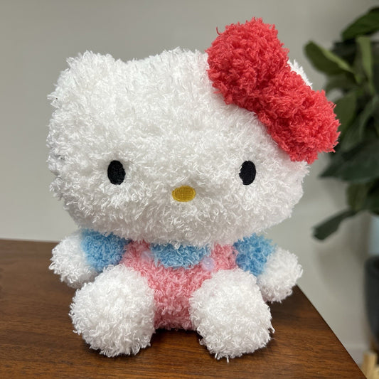 NWT Sanrio HELLO KITTY Classic Pink Overalls & Blue Shirt Red Bow Sherpa Plush