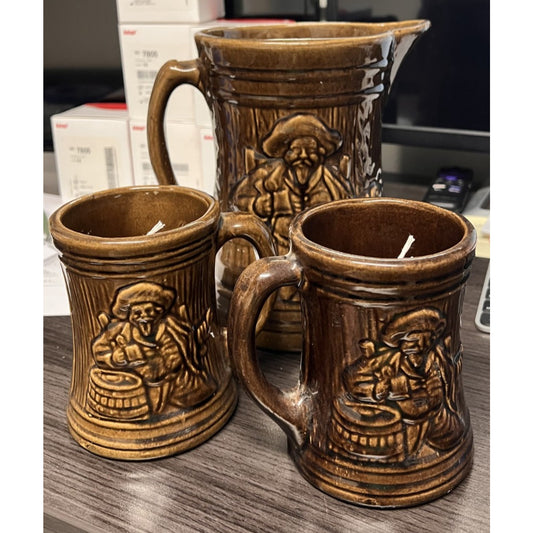 Vtg McCoy Pottery Brown Stoneware Pitcher & 2 Mugs Featuring "Buccaneer Pirate