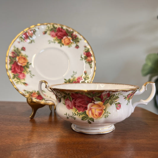 Royal Albert Old Country Roses Footed Cream Soup Bowl Saucer Set Bone China