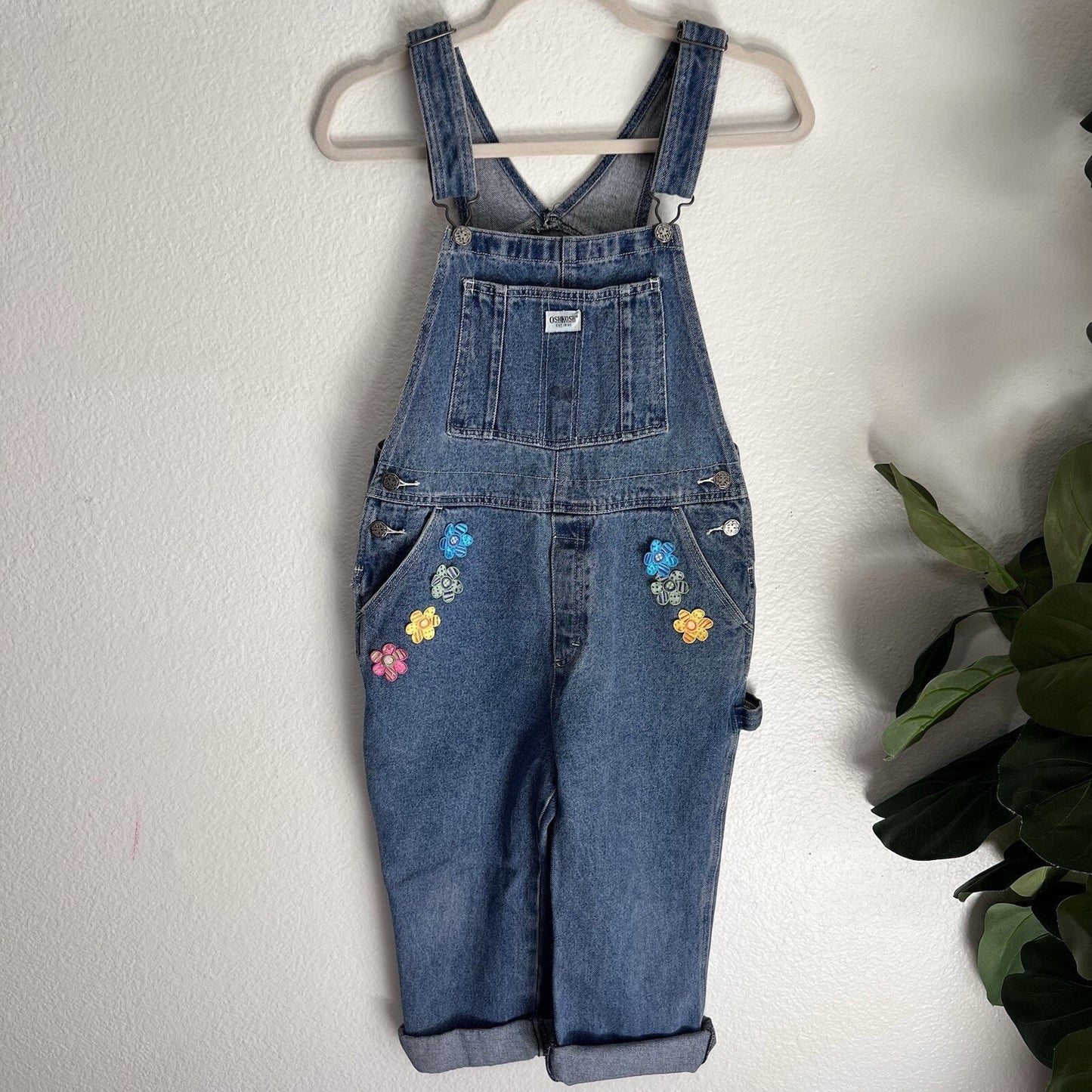 Vintage Oshkosh B'gosh Girls Lg 12/14 Denim Blue Jean Bib Overalls Floral