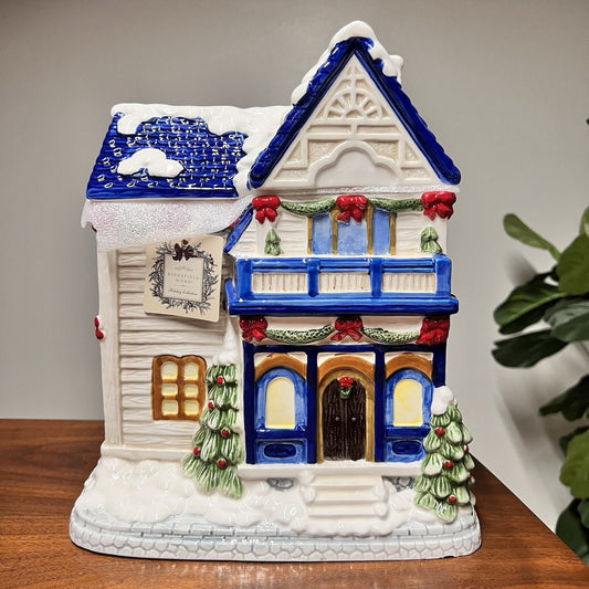 Ridgefield Home Cookie Jar Canister Christmas House Holiday Blue